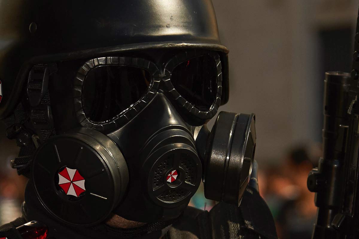 Quarantine Soldier wearing gas-mask virus protection
