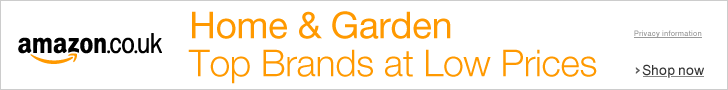 A banner advertisement that reads "Amazon.co.uk home and garden - top brands at low prices"