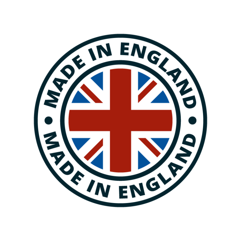 A badge that reads 'Made in England' around the outsides and the centre shows the Union Flag of Great Britain